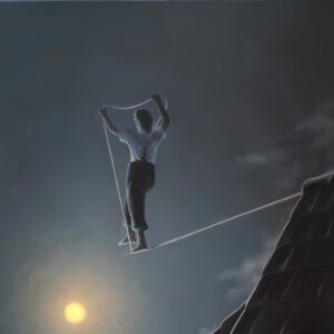 “Giacomond” by Quint Buchholz — surreal artwork of a person walking a tightrope under moonlight, symbolizing psilocybin Oregon journeys and safe psilocybin treatment for emotional balance and self-discovery.