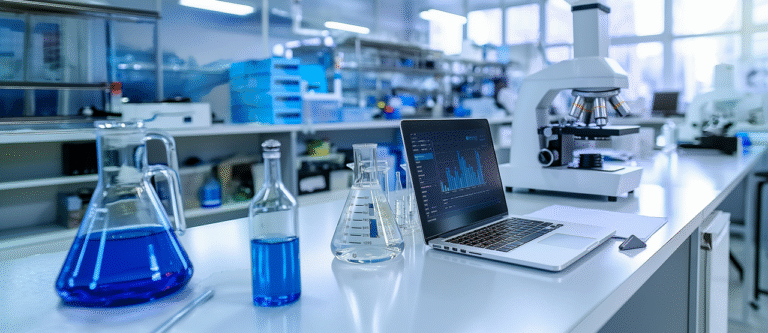 Modern laboratory with scientific equipment and data analysis tools used for studying the effects of psilocybin on Parkinson’s Disease. Vital Reset supports safe psilocybin treatment and legal psychedelics 2025, exploring psilocybin benefits, psilocybin dosage, and magic mushroom treatment as part of regulated psilocybin retreats in Oregon.