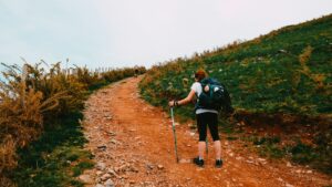 Person hiking up a rocky trail with trekking poles, symbolizing the journey and resilience of people with multiple sclerosis exploring psilocybin treatment in Oregon
