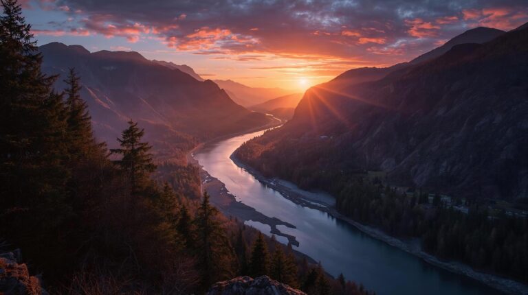 Columbia River Gorge at sunset near Hood River, Oregon – peaceful landscape for psilocybin retreats and safe psilocybin experiences in Oregon.