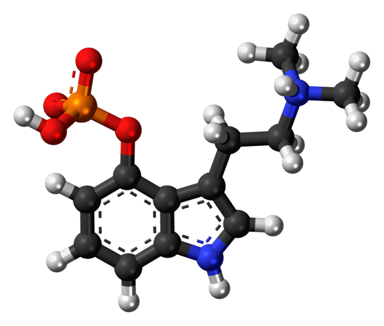 3D molecular structure of psilocybin compound used in psilocybin treatment and legal psilocybin experiences in Oregon