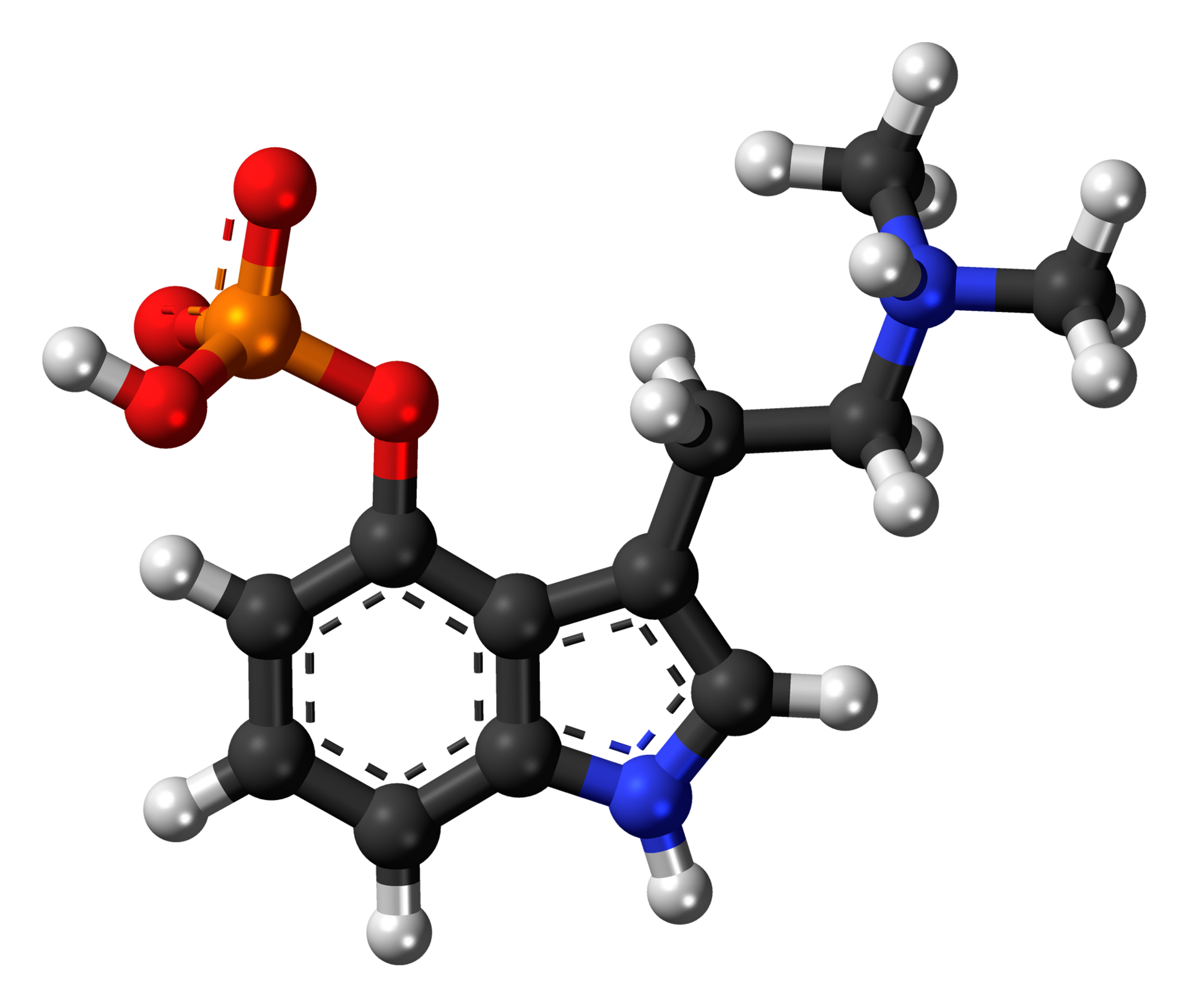 3D molecular structure of psilocybin compound used in psilocybin treatment and legal psilocybin experiences in Oregon
