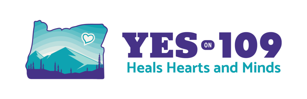 Logo for Oregon’s Measure 109 psilocybin campaign, showing the outline of Oregon with mountains, trees, and a heart, next to the text “YES • 109 – Heals Hearts and Minds.”