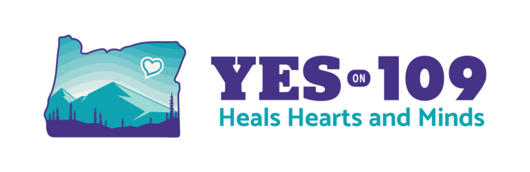 Logo for Oregon’s Measure 109 psilocybin campaign, showing the outline of Oregon with mountains, trees, and a heart, next to the text “YES • 109 – Heals Hearts and Minds.”