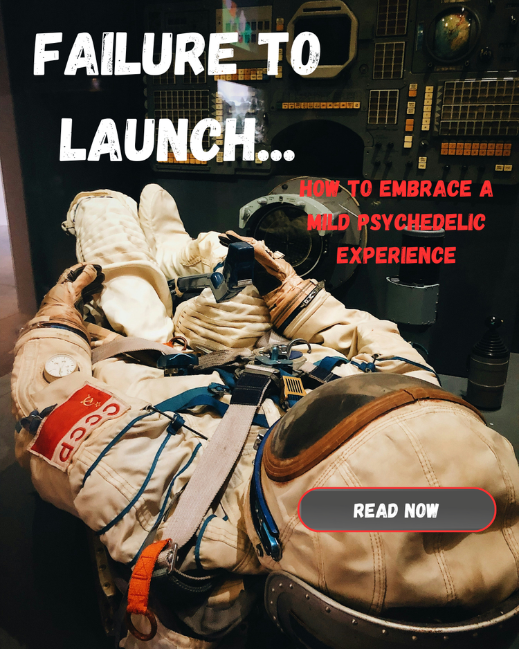 "Psilocybin Oregon blog graphic showing astronaut in space capsule with text 'Failure to Launch – How to Embrace a Mild Psychedelic Experience'"