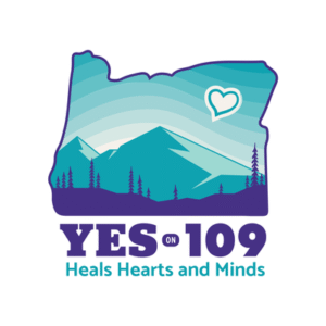 Logo for Oregon’s Measure 109 psilocybin campaign, showing the outline of Oregon with mountains, trees, and a heart, next to the text “YES • 109 – Heals Hearts and Minds.”