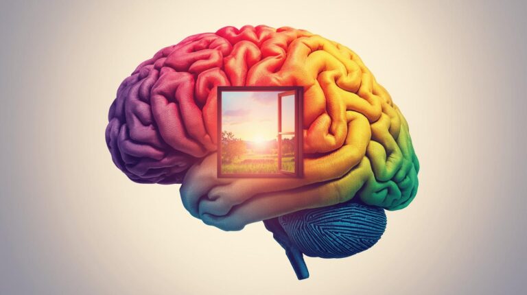 Colorful illustration of a human brain with a window opening to a bright landscape, symbolizing expanded awareness through psilocybin Oregon experiences.
