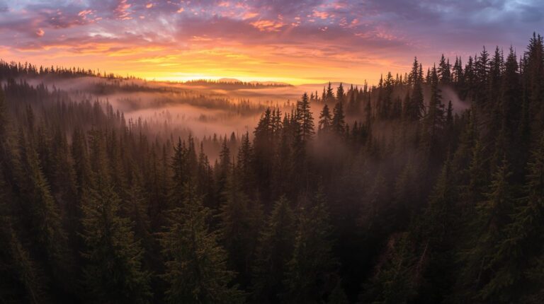 Misty Oregon forest at sunrise, representing psilocybin Oregon retreats, safe psilocybin treatment, and the natural benefits of magic mushroom therapy for healing and renewal.