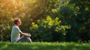 Man sitting peacefully in the grass at sunrise, symbolizing relief from chronic pain after psilocybin treatment in Oregon