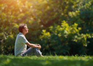 Man sitting peacefully in the grass at sunrise, symbolizing relief from chronic pain after psilocybin treatment in Oregon