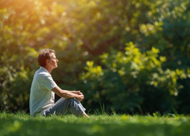 Man sitting peacefully in the grass at sunrise, symbolizing relief from chronic pain after psilocybin treatment in Oregon