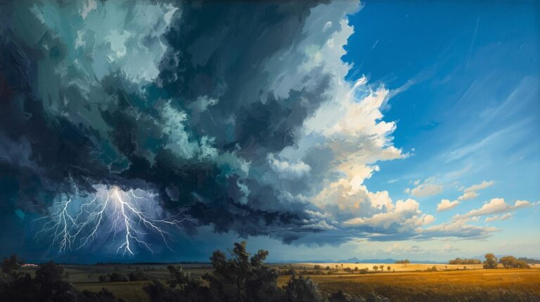 Storm clouds with lightning clearing to blue sky over Oregon fields, symbolizing navigating a challenging psilocybin experience in Oregon — Psilocybin Oregon.