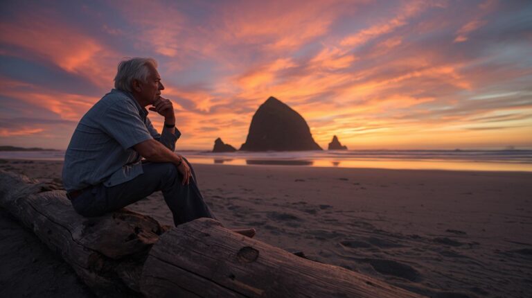 Older adult sitting quietly on an Oregon beach at sunset, reflecting and symbolizing psilocybin benefits, emotional healing, and personalized psilocybin experiences in Oregon.