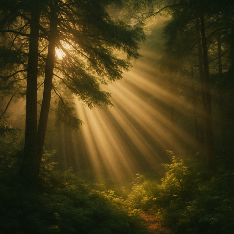 Sunlight streaming through an Oregon forest, symbolizing healing, renewal, and the benefits of safe psilocybin treatment and legal psilocybin experiences in Oregon.