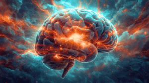 A glowing human brain surrounded by vibrant neural pathways and electric light, symbolizing the effects of psilocybin Oregon experiences and the potential psilocybin benefits for healing. Magical, cloud-like atmosphere evokes safe psilocybin treatment, legal psychedelics, and the transformative psilocybin experience in Oregon.