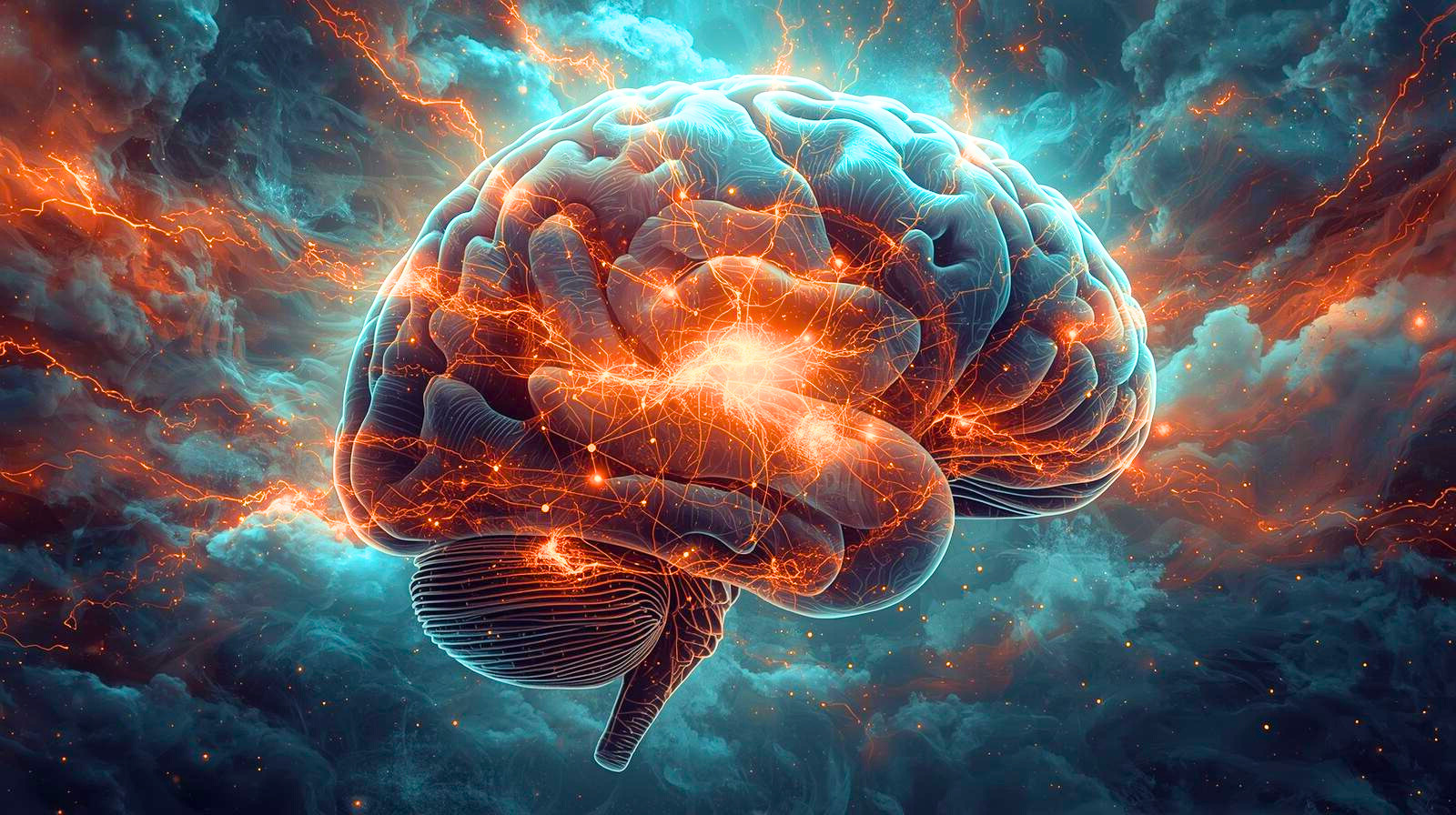 A glowing human brain surrounded by vibrant neural pathways and electric light, symbolizing the effects of psilocybin Oregon experiences and the potential psilocybin benefits for healing. Magical, cloud-like atmosphere evokes safe psilocybin treatment, legal psychedelics, and the transformative psilocybin experience in Oregon.