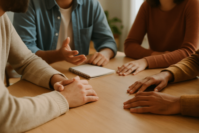 Small group in a preparation meeting around a table, representing psilocybin treatment preparation, integration support, and personalized psilocybin experiences in Oregon.