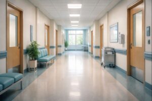 Quiet hospital corridor with natural light representing regulated psilocybin medical research and pilot programs