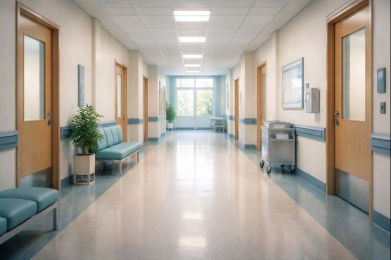 Quiet hospital corridor with natural light representing regulated psilocybin medical research and pilot programs
