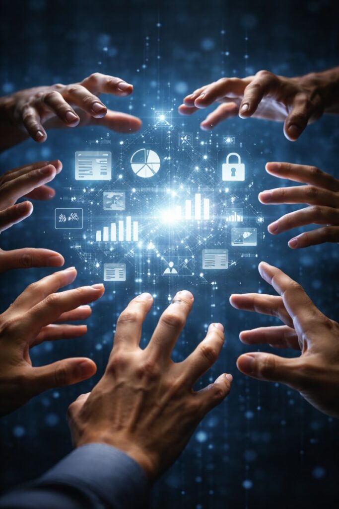 Multiple hands reaching for personal digital data and records