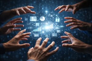 Multiple hands reaching for personal digital data and records