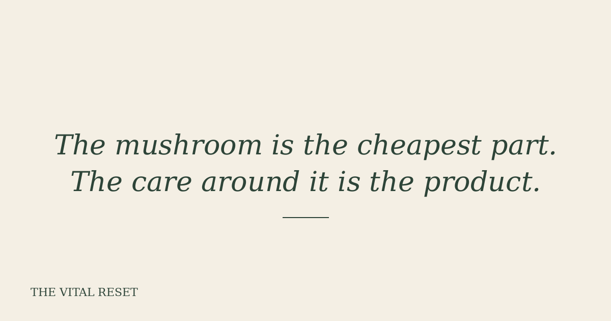 Pine-green text on a parchment background reading: The mushroom is the cheapest part. The care around it is the product.